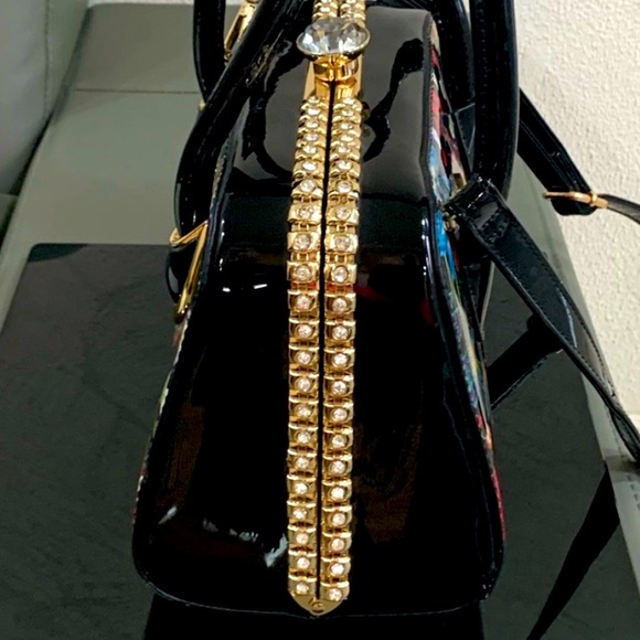 Floral & Giant Rhinestone Frame Satchel Hardshell Purse Crossbody Medium-Large - Picture 4 of 7